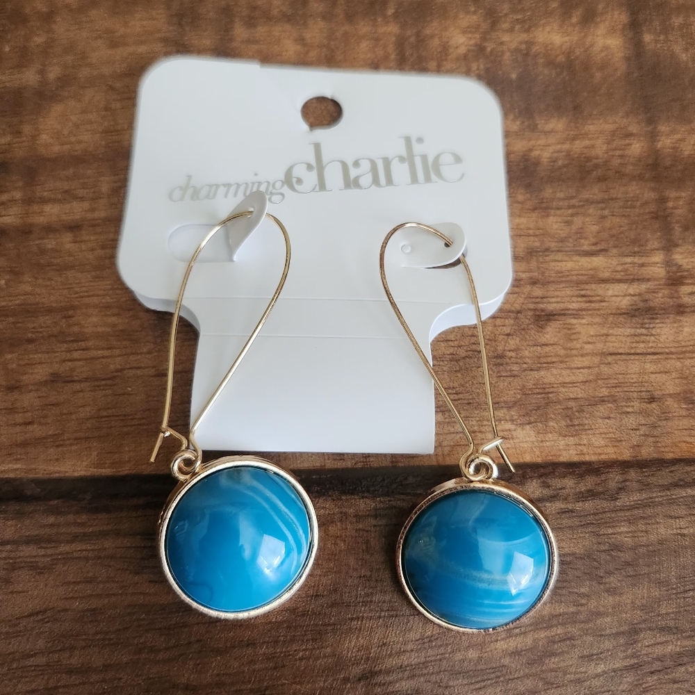 Charming Charlie Gold and Blue Necklace and Earring Set - Picture 2 of 4